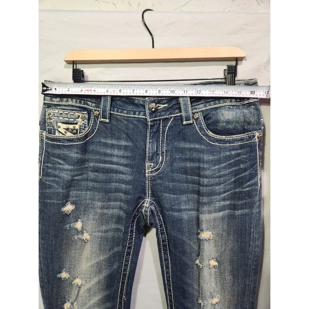 Miss Me Easy Boot Thick Stitch Jean Women 29 Distressed Paisley Rhinestone Jewel - Picture 5 of 10